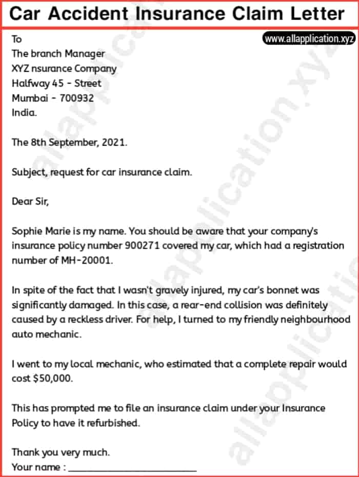 Car Accident Insurance Claim Letter (3+ SAMPLES)