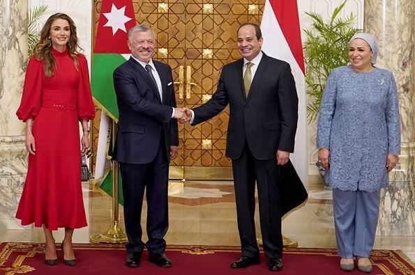 Queen Rania wore ANDREW GN belted crepe midi dress and Dior pumps. President Abdel Fattah El Sisi and Entissar Amer