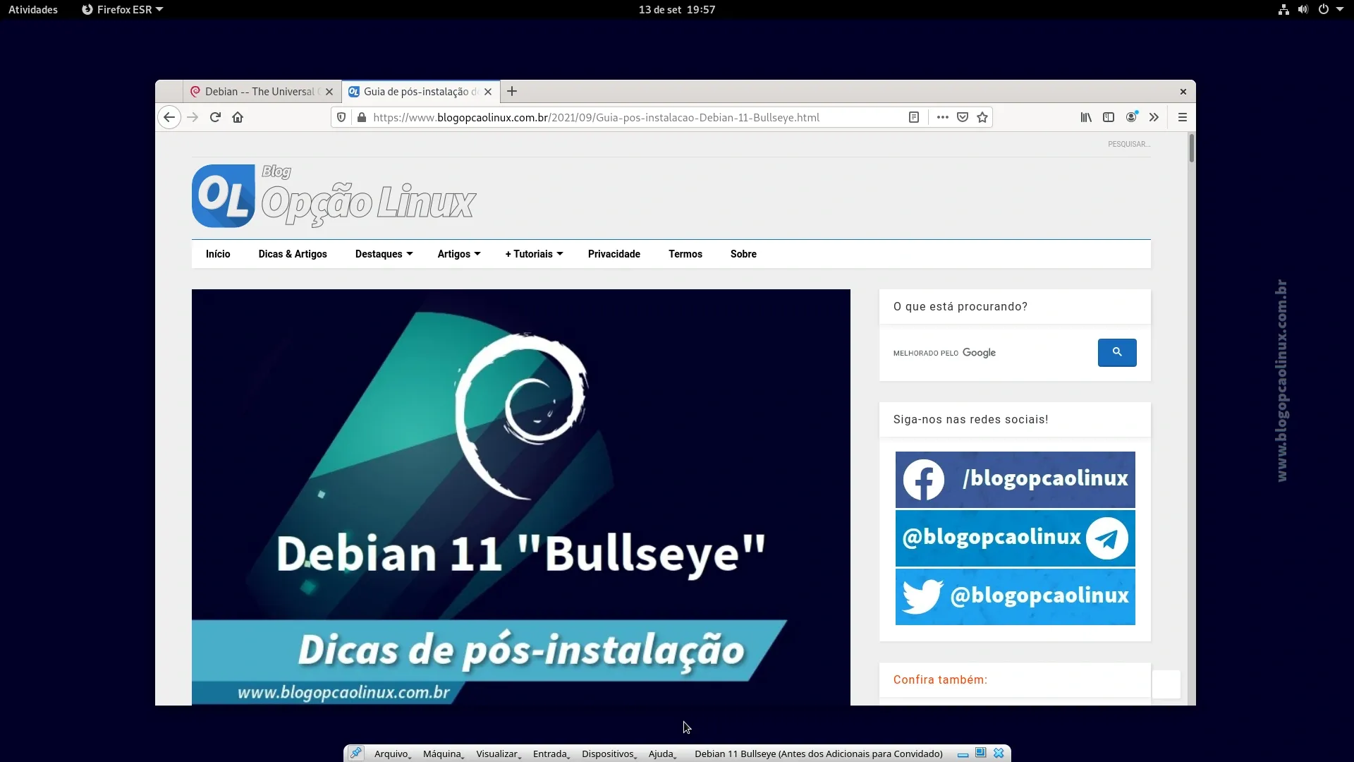 Máquina virtual do Debian 11 Bullseye em tela cheia após a instalação dos Adicionais para Convidado