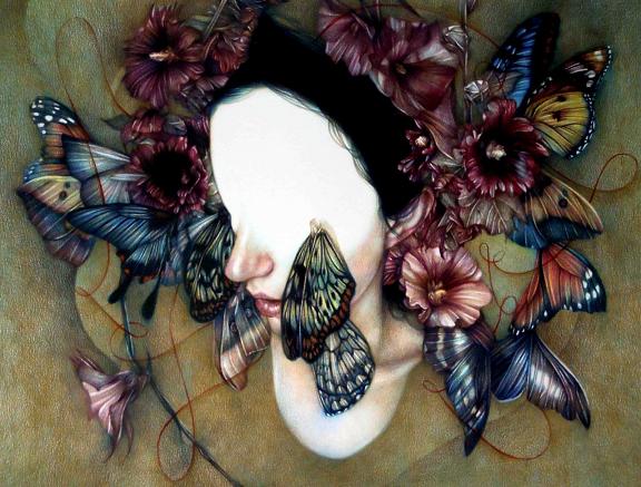 marco mazzoni rostos de mulheres sem expressão adornados natureza flores borboletas pássaros