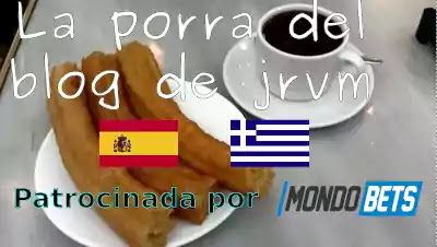 Porra Bitcoin España vs Grecia en el blog de jrvm Plato con porras y chocolate y banderas españa y grecia
