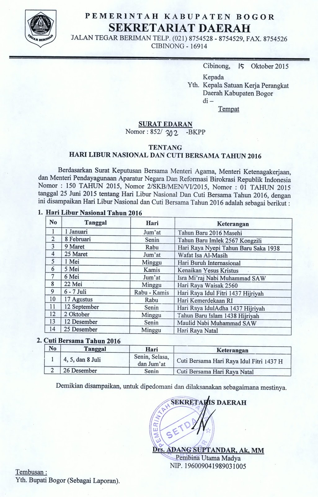 Hari Libur Nasional dan Cuti Bersama Kab. Bogor Tahun 2016