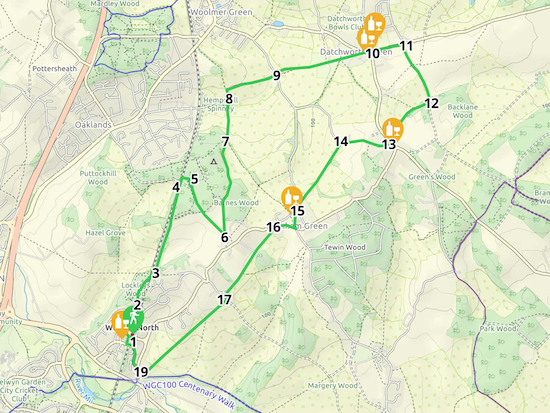 Map for Walk 89: Welwyn North NE Loop Created on Map Hub by Hertfordshire Walker Elements © Thunderforest © OpenStreetMap contributors See the interactive map below the directions for KML and GPX details