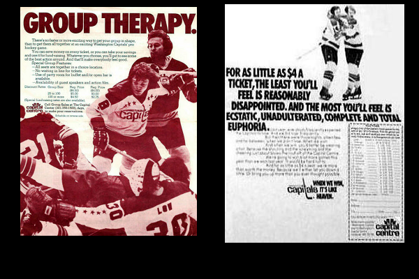 Marketing materials touted Capitals tickets as ‘Group Therapy’ in 1974 (Book Pg. 202) and ‘Unadulterated Euphoria’ in 1975. (Pg. 48)
