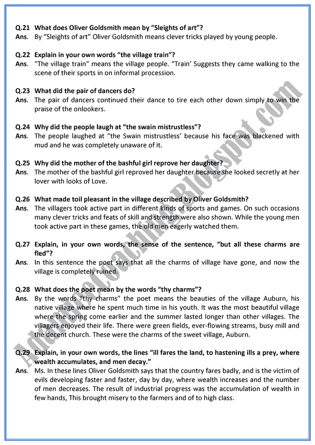 Adamjee Coaching Lines from the Deserted Village Question Answers English XI