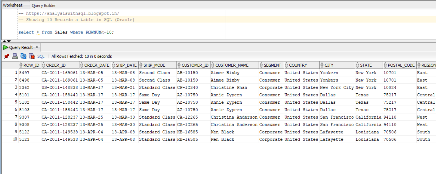 Showing 10 Records a table in SQL (Oracle)
