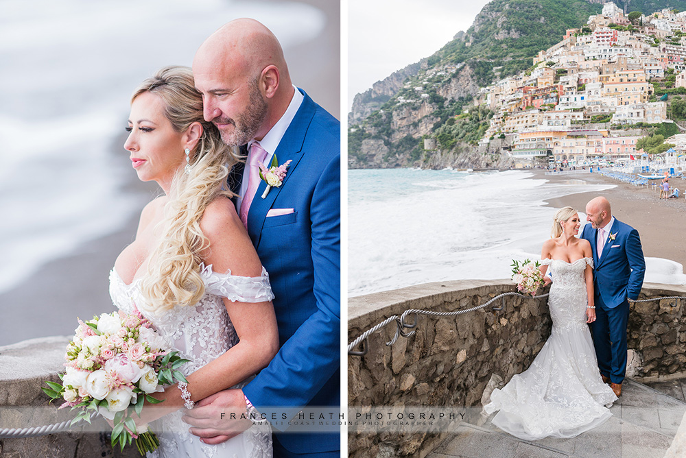 Bride and groom on Positano beach