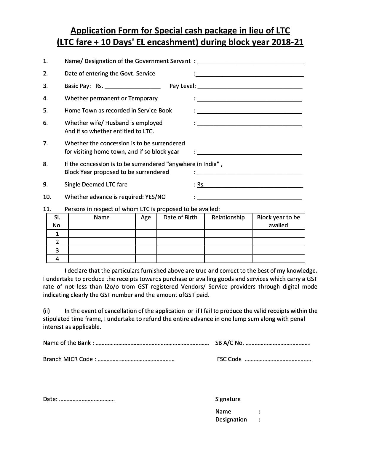 Application Form for Special Cash Package in lieu of LTC during the