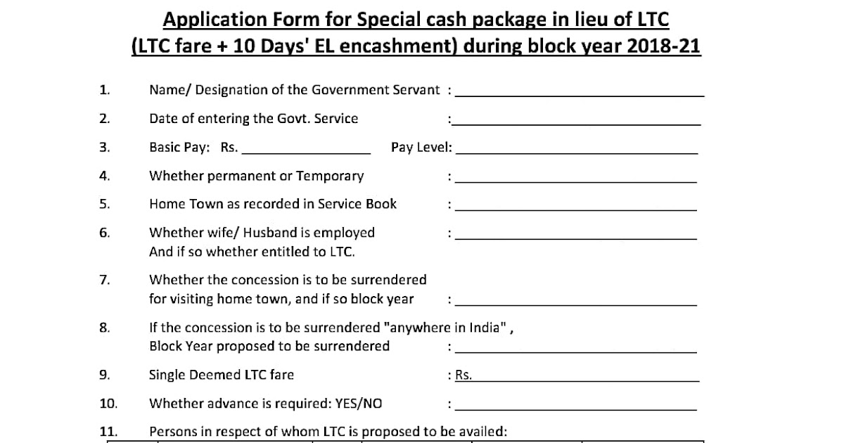 Application Form for Special Cash Package in lieu of LTC during the