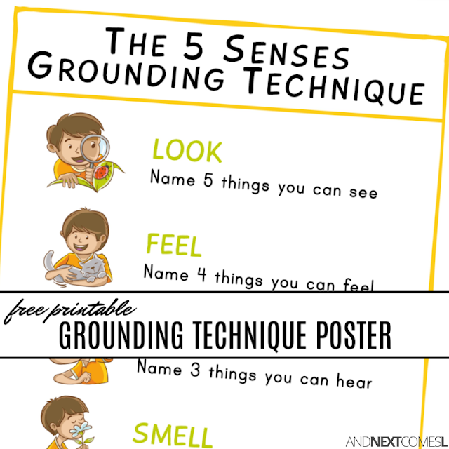 Free printable coping skills poster for kids to learn grounding techniques