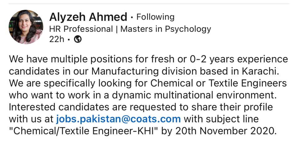 Looking For Chemical Engineer At Coats Pakistan