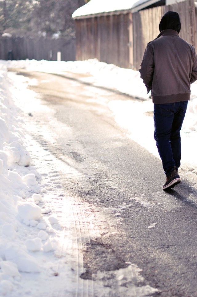 snow on the road, walking