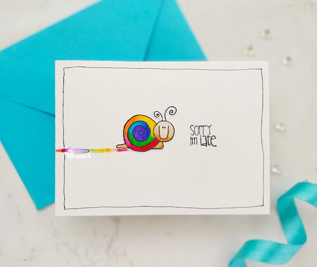 Jane's Doodles, CAS card, Zig clean colour brush pens, Belated wishes card., rainbowcolors, Quillish,  ishir, Jane's doodles garden friends stamp set, Rainbow snail