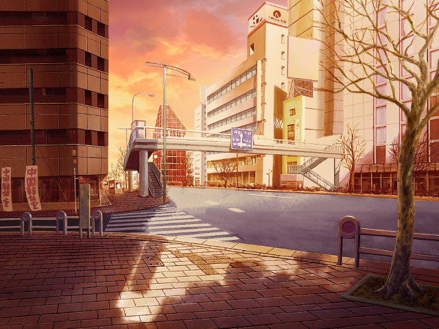 Anime Landscape: City Pedestrian Bridge (Anime Background) (day, sunset &  night)