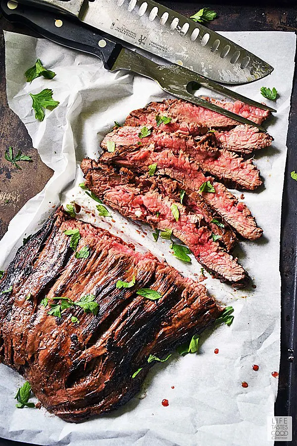 Marinated in the best flank steak marinade ever, my recipe for Cast Iron Flank Steak, is delicious, LOW CARB, quick & easy to make, and one of my FAVORITE go-to easy dinner ideas! #LTGrecipes