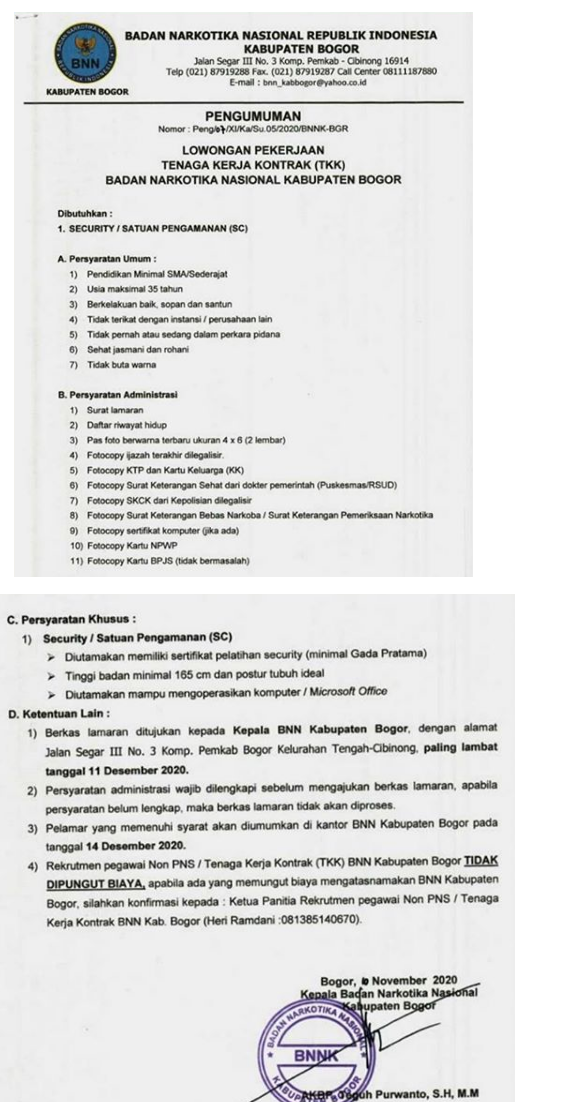 Lowongan Kerja Kontrak Badan Narkotika Nasional Kabupaten Bogor Tingkat SMA November 2020