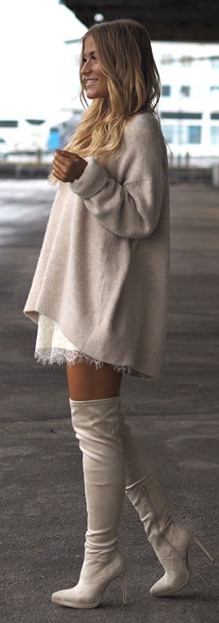 Street style | Neutral sweater dress over lace dress and over the knee ...
