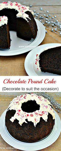 Super moist Chocolate Pound Cake with a to-die-for Frosting and decorated for Christmas {which can be changed to suit any occasion} #PoundCake #ChocolateCake #Christmas 