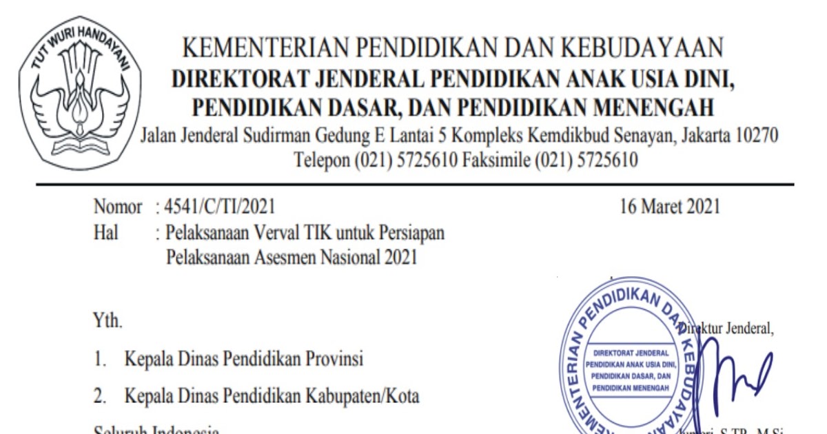 Surat Edaran Pelaksanaan Verval Tik Untuk Persiapan Pelaksanaan Asesmen Nasional Asn 2021