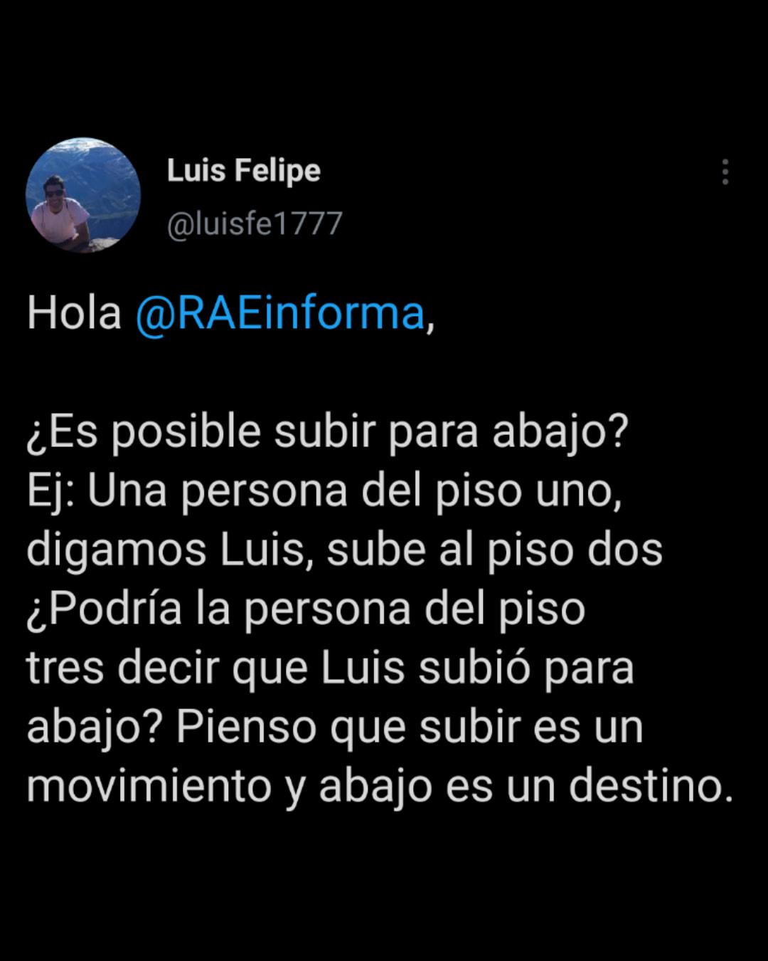 ¿Es posible subir para abajo? Ej: Una persona del piso uno, digamos Luis, sube al piso dos ¿Podría la persona del piso tres decir que Luis subió para abajo? Pienso que subir es un movimiento y abajo es un destino.