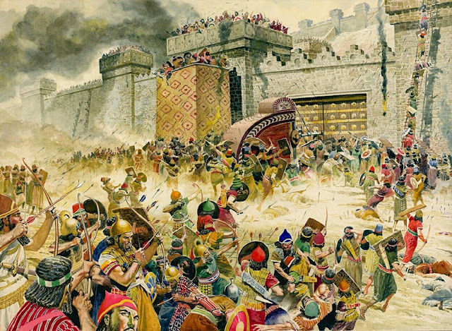 Это оригинальное изображение для иллюстрации, которое появилось на стр. 12-13 выпуска № 10 (9 мая 1964 г.) «Библейской истории», изображающее  Самарию, город-крепость Израиля, в конце концов попавшую к ассирийцам.