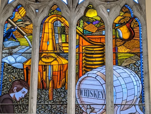 Dublin Hidden Gems: whiskey themed stained glass at Pearse Lyons Distillery