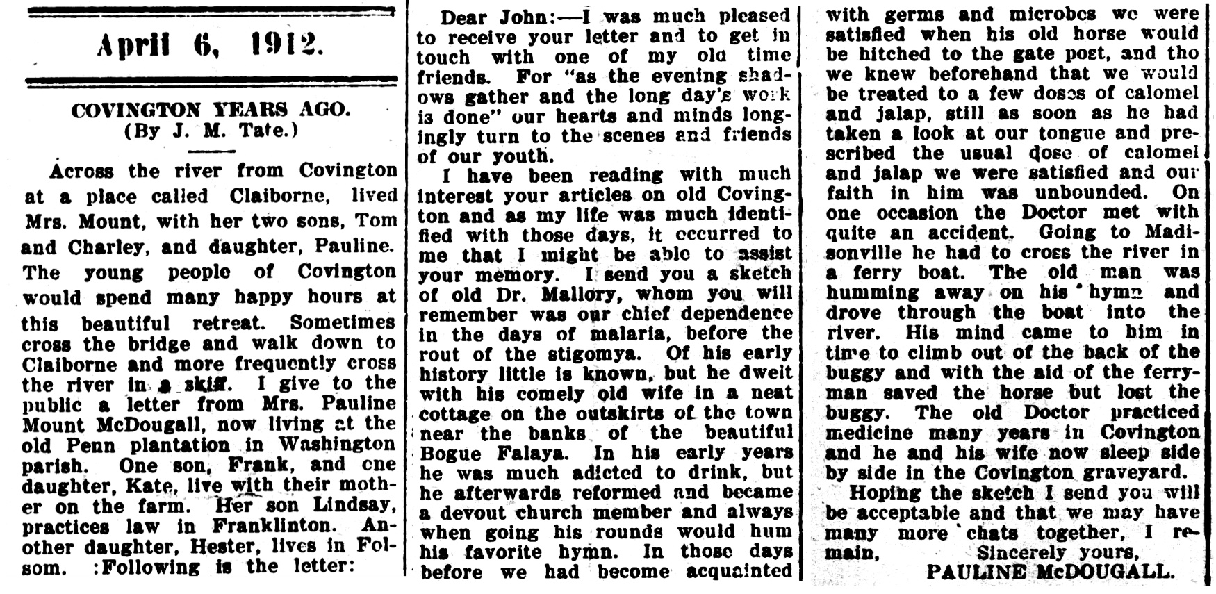 Tammany Family Covington Years Ago Newspaper Column