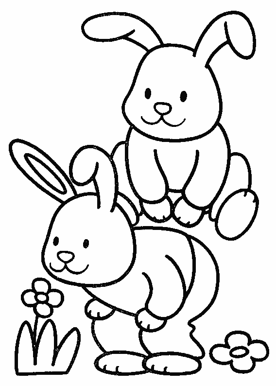 Tranh tô màu hai chú thỏ và bông hoa