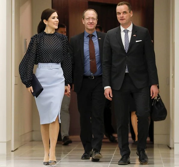 Crown Princess Mary wore Hugo Boss high-waisted pencil skirt in micro fabric with belt and Munthe Aisha blouse