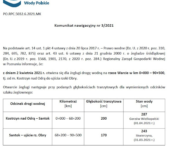 Komunikat nawigacyjny 3/2021 Warta Komunikat nawigacyjny 3/2021 Warta