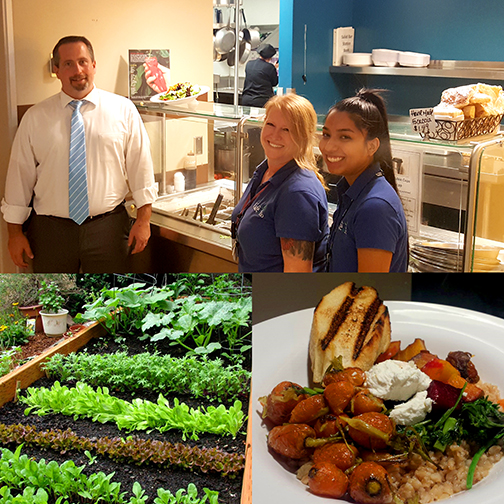 Collage of images of Cafe at Rio staff, the Cafe at Rio Garden and a dish with grilled chicken, colorful vegetables and sides.