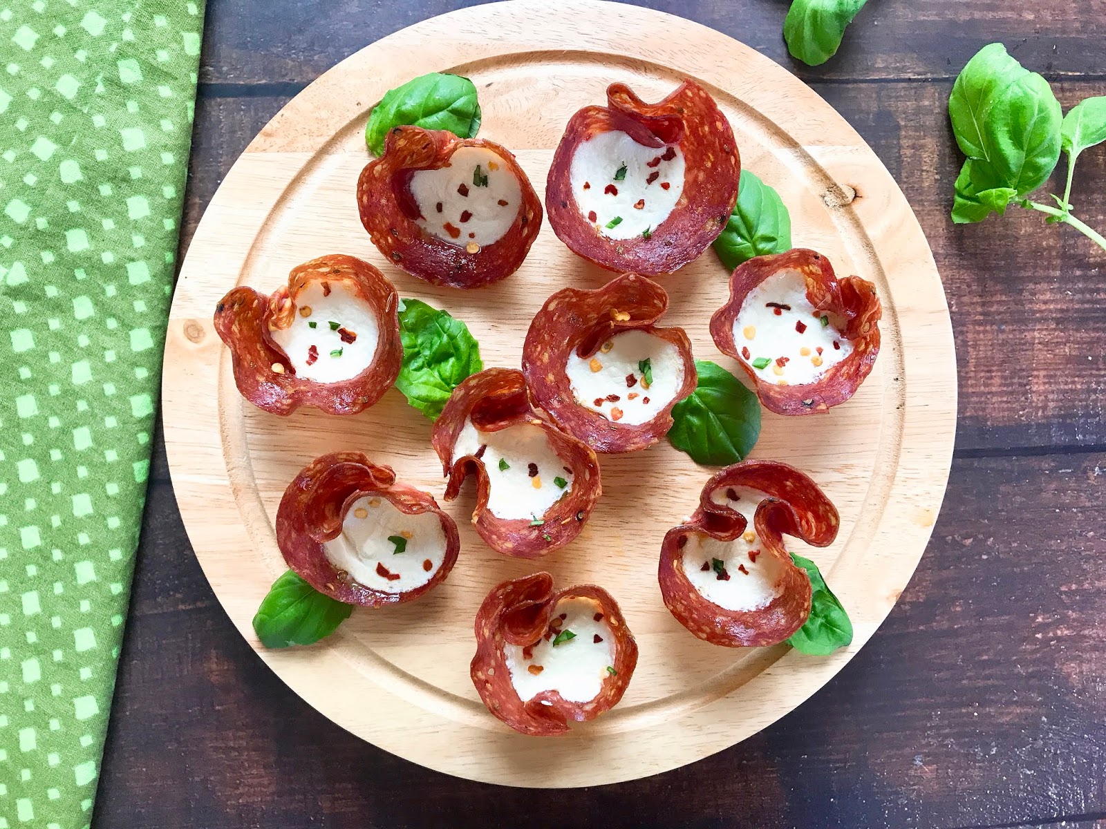 Salami Cups with Bocconcini and Basil