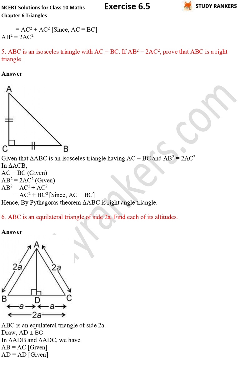 NCERT Solutions for Class 10 Maths Chapter 6 Triangles Exercise 6.5 Part 4