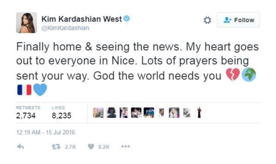 0ol Nice Terror attacks: Kim Kardashian, Simon Cowell, Lady gaga, Christina Milan, Justin Timberlake and others pay tributes