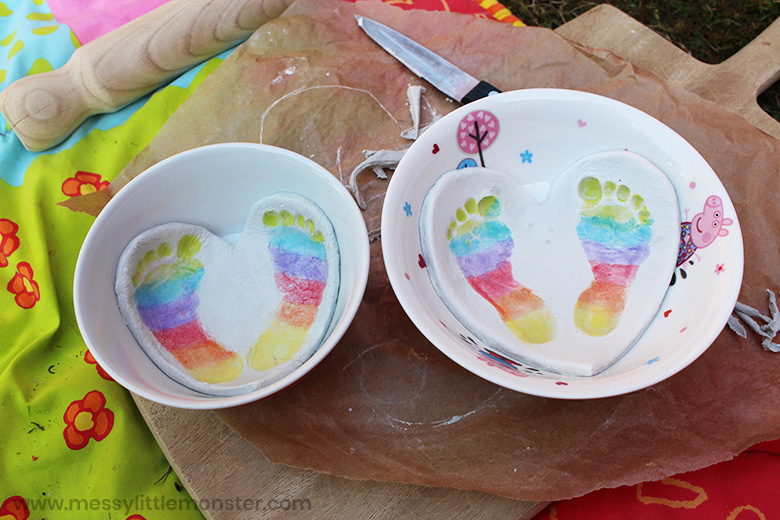 Clay Baby Footprint Art with rainbow footprints! Messy Little Monster