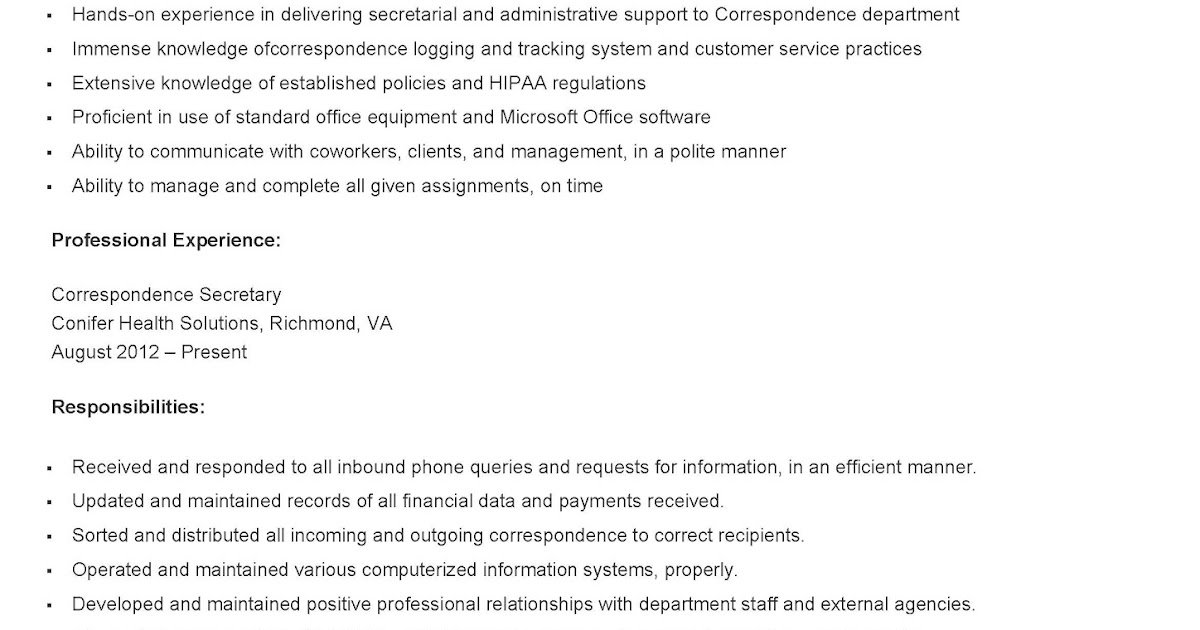Resume Samples Correspondence Secretary Resume Sample
