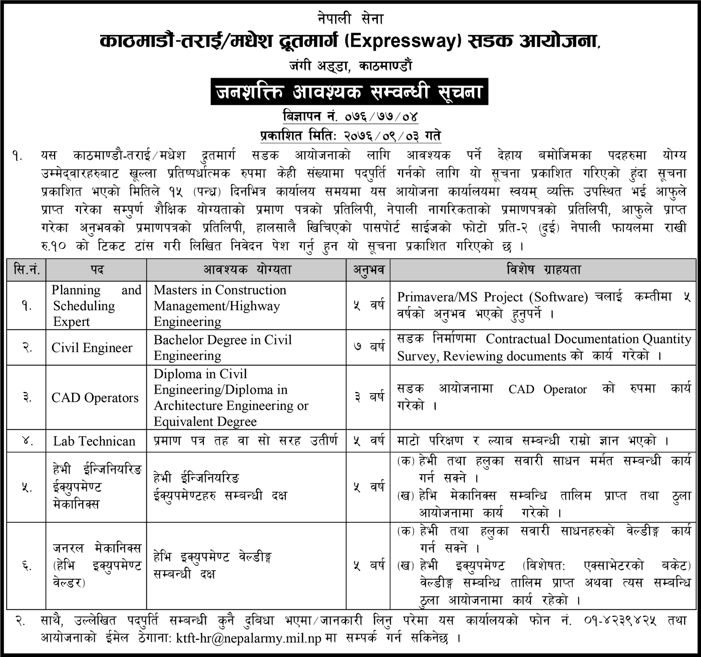 Kathmandu-Terai/Madhesh Expressway Road Project Vacancies