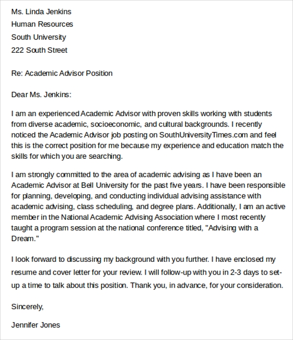 Cover Letter Sample Student Advisor Sample Letter