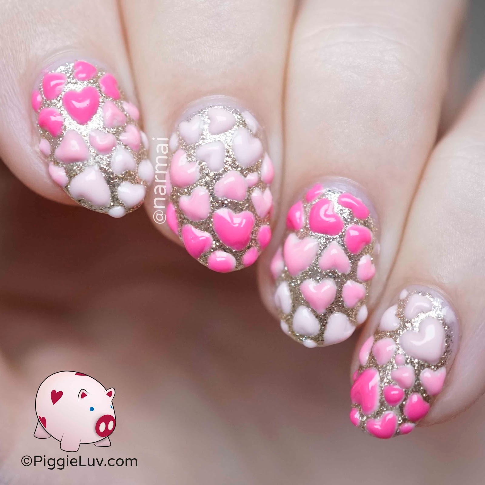 PiggieLuv 3D hearts nail art for Valentine's Day