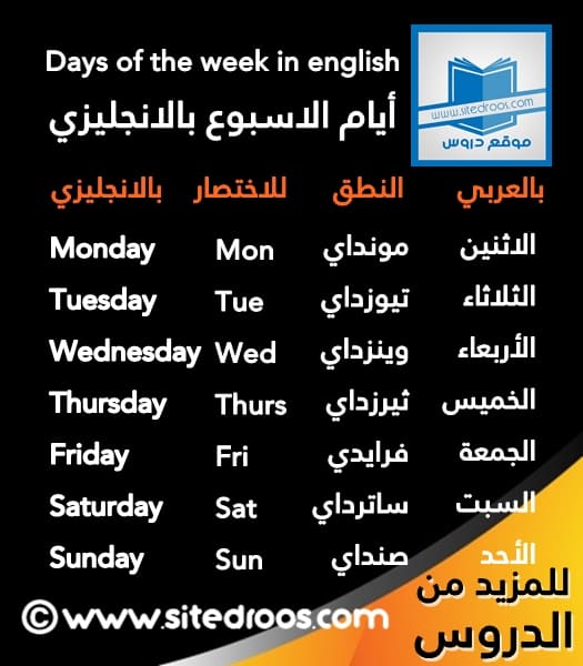 يوم الاربعاء بالانجليزي