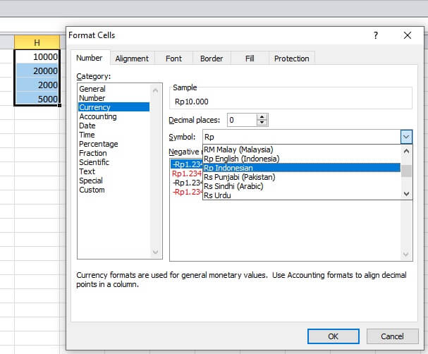 cara menambahkan rp di excel