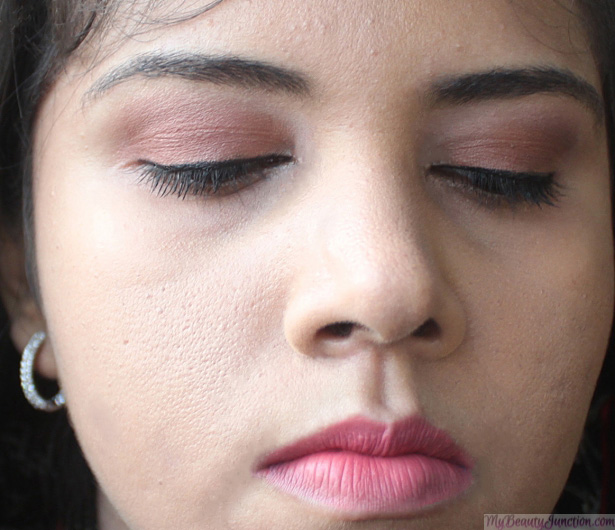 Valentine's Day soft romantic peachy-neutral eye makeup and just-bitten lipstick, using 10 products. 