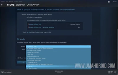 Pilih Alasan Mengembalikan Game Steam