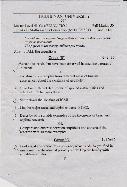 Question Paper of Trend in Mathematics Education (Math 524) Tribhuvan University  (MED Second Year-2074)