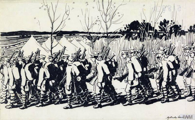 Колонна британских солдат в лагере в Этапле.  Рисунок Гертруды Лиз