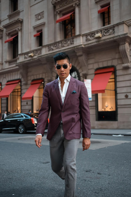 Leo Chan wearing Burgundy Blazer Work to Happy Hour Look | Asian Male Model and Blogger