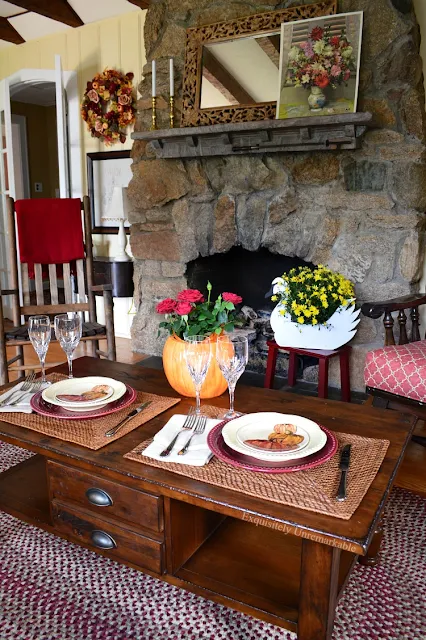 Stone Fireplace And Table Set For Two