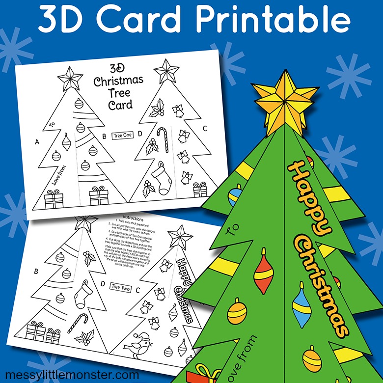 3D Christmas Tree Card Template - Messy Little Monster
