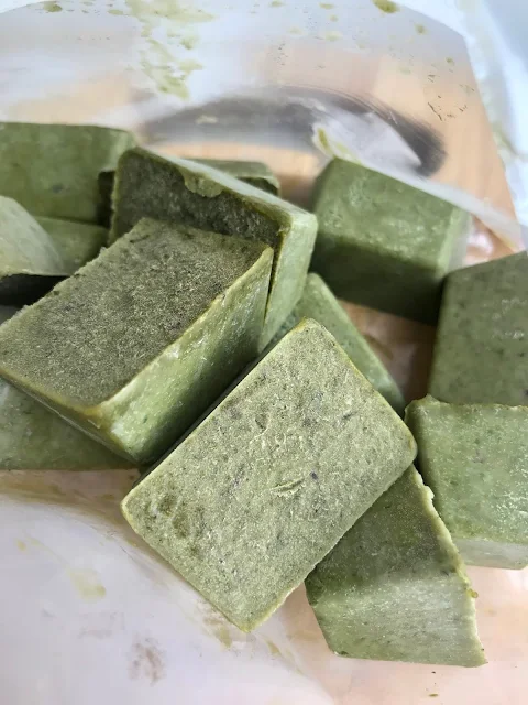 Frozen cubes of Thai basil in olive oil