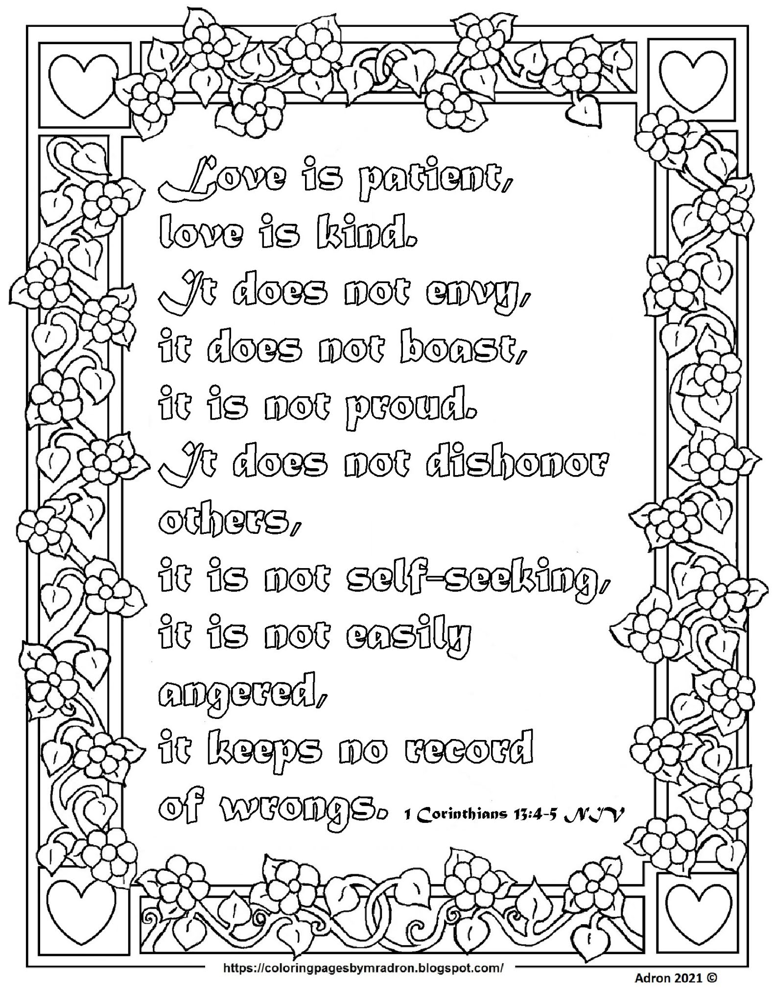 Coloring Pages for Kids by Mr. Adron: 1 Corinthians 13:4-7 Free Print